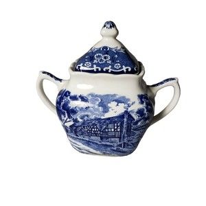 English Country Inns Grindley The Talbot Vintage Blue & White Sugar Bowl
